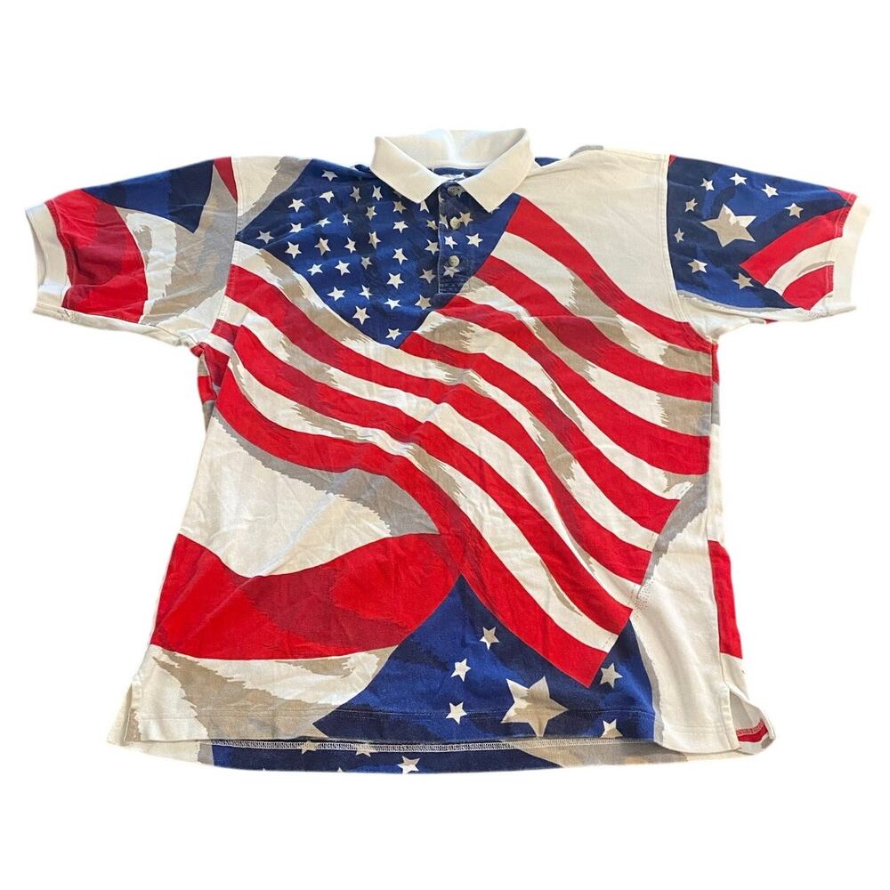 Vintage Cotton Traders USA Flag Polo Shirt XL‎ Patriotic America 1776 250th